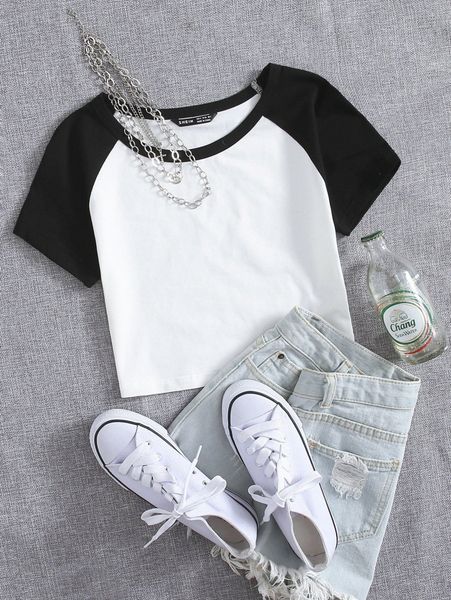 

raglan sleeve two tone crop k2vj#, White