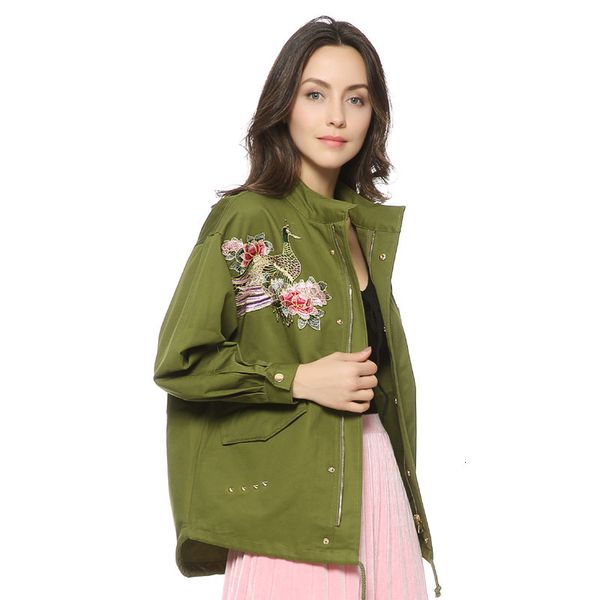 

women army green floral embroidery bomber female jacket patched rivet design loose flight jackets casual coat punk outerwear capa xs, Black;brown
