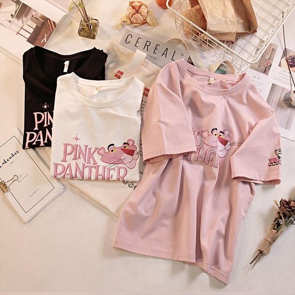 

t shirts for women cotton short sleeves pink panther print tees ladies cartoon t shirts female summer casual t shirt, White