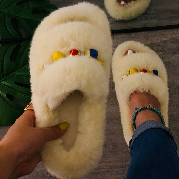 

2020 faux fur slides women furry fur slippers sandals for woman female indoor shoes house fluffy slippers flip flops plus size x1020, Black