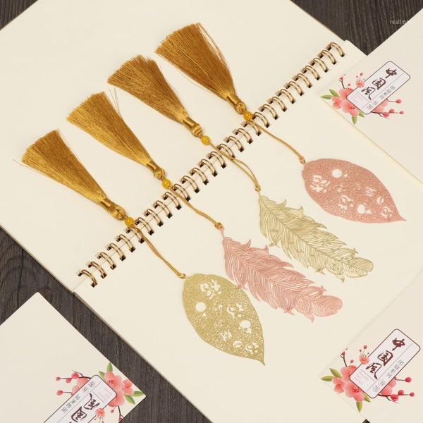 

1pc retro chinese style leaf feather metal book markers hollow out tassel bookmark book holder school office stationery supplies1