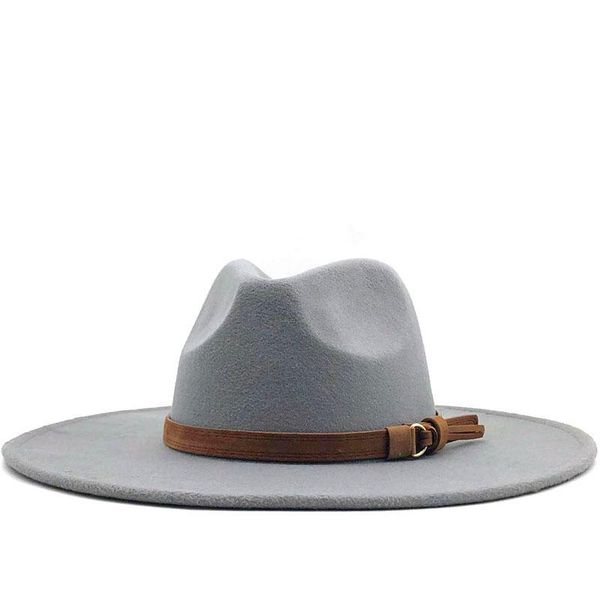 

women men big wool fedora hat with leather ribbon gentleman elegant lady winter autumn wide brim jazz panama sombrero cap, Blue;gray