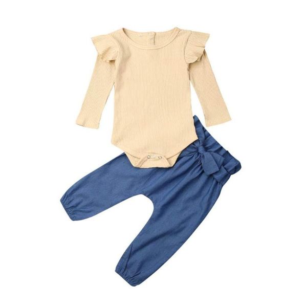 

autumn baby girl clothes cotton newborn infant baby girl solid jumpsuit flying sleeve bodysuit bowknot denim pants outfits sets, White