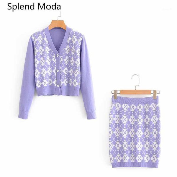 

two piece set for women sweet cute v-neck purple long-sleeved plaid knit cardigan sweaters + high waist hip elastic mini skirts1, Gray