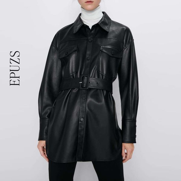 

winter belt faux leather jacket women pu biker jacket streetwear punk belt motorcycle coat ladies black leather jacket 201029