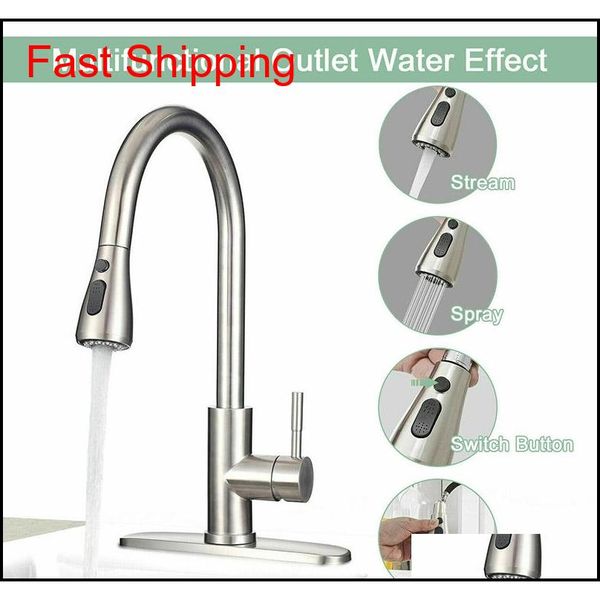 

304 stainless steel brushed nickel kitchen pull down faucet with 3 hole cover plate and qylloi yh_pack
