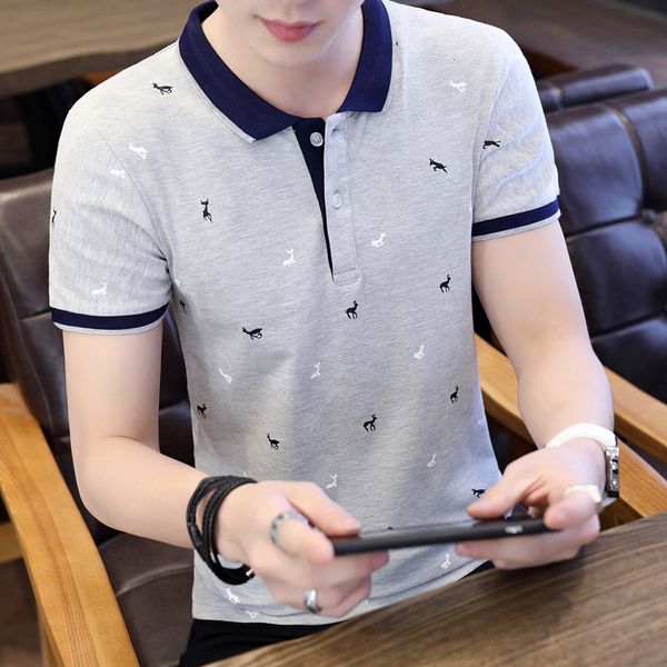 

2019 new fashion trend lapel short sleeve fawn print t-shirt pure cotton polo men's summer, White;black