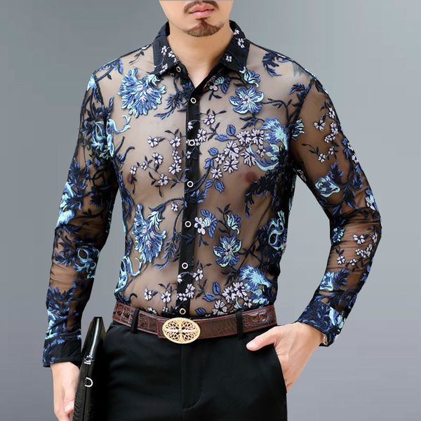 

2020 hommessee through the men's knitted 4xl luxury transparent embroidered lace party shirt long 08e9, White;black