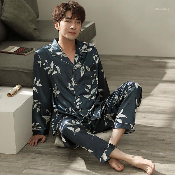 

men's sleepwear large size slippery pajamas men's summer thin ice silk satin fabric silky long-sleeved trousers pijama hombre vera, Black;brown