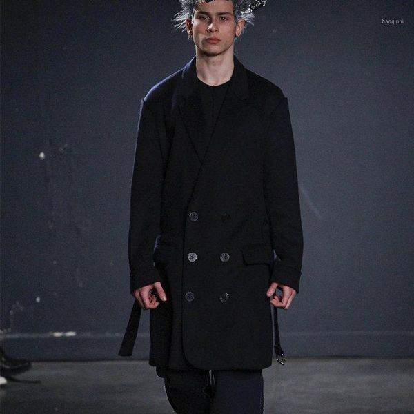 

men's woolen trench coat suit collar mid-length woolen coat in europe and america 2020 autumn and winter double-breasted belt1, Black