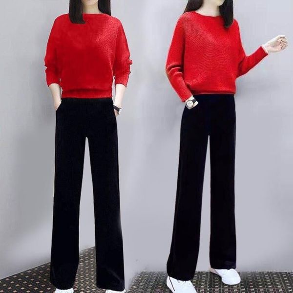 

autnh 2020 spring new korean color large size suit style knitted sweater trousers suit casual western style trousers two-piece solid trendy, Gray