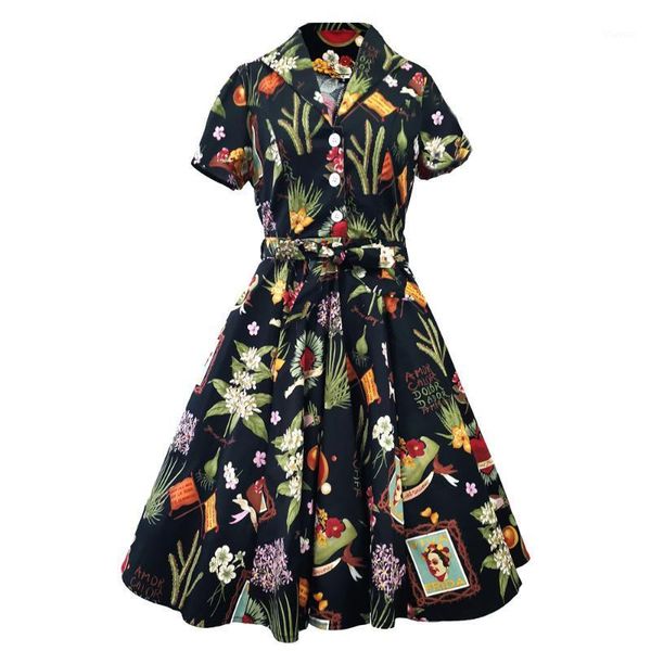 

2020 robe rockabilly dress midi long cotton pin-up tunic sundress cotton causal vintage 60s 50s big swing summer party dresses1, Black;gray