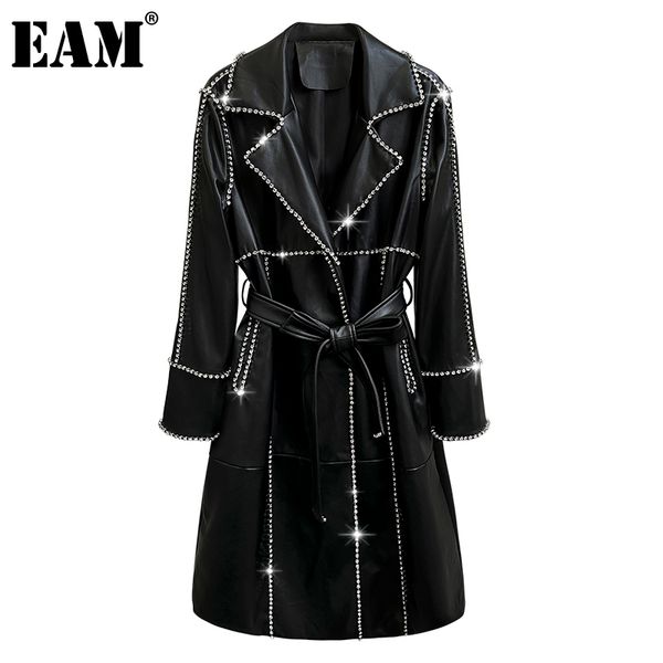 

eam] women black pu leather rhinestones trench new lapel long sleeve loose fit windbreaker fashion spring autumn 2020 1db703 1028, Tan;black