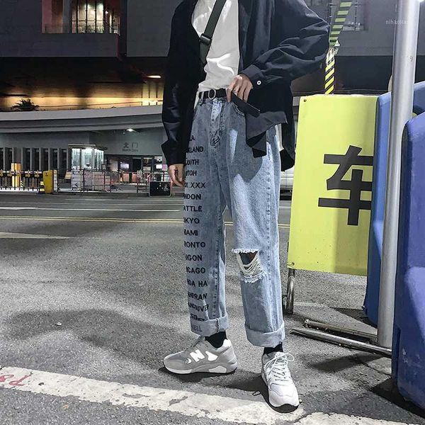

men's jeans 2021 spring and summer the listing trend couple korean version of harajuku casual men's print hole denim trousers hip, Blue