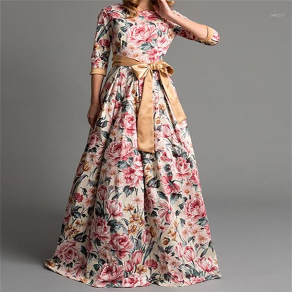 

womens o-neck maxi dress vintage bohemian floral printed dresses xmas christmas party dress high waist floral bow dresses1, Black;gray