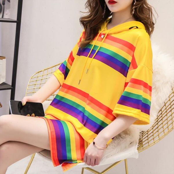 

harajuku stripe plus size block rainbow hooded pocket tee streetwear women men long t shirt pullover t shirt, White