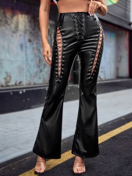 

grommet lace up pu leather flare leg pants j2ag#, Black;white