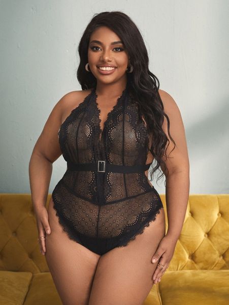 

plus floral lace halter teddy bodysuit h0na#, Black;white