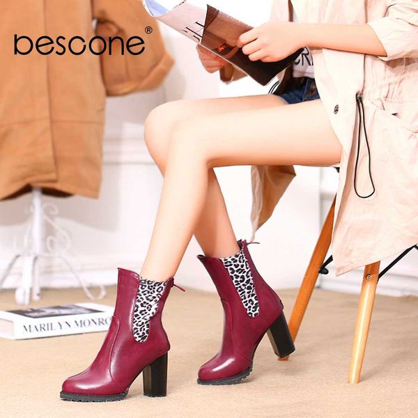 

boots bescone stylish women mid-calf comfortable round toe patchwork super high heel shoes handmade zipper ladies bm231, Black