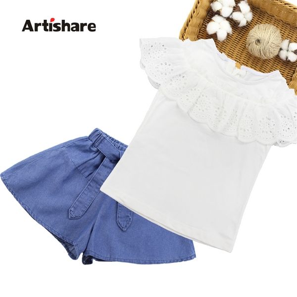 

girls summer clothes suits short lace shirt + denim skirt 2pcs girls clothing set casual teenage kids set 6 8 10 12 13 14 year y200325, White