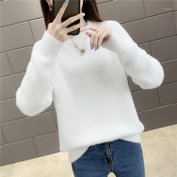 

sweater women's 2020 new style for autumn and winter loose mink velvet half-collar base shirt thick women's knitted sweater1, White