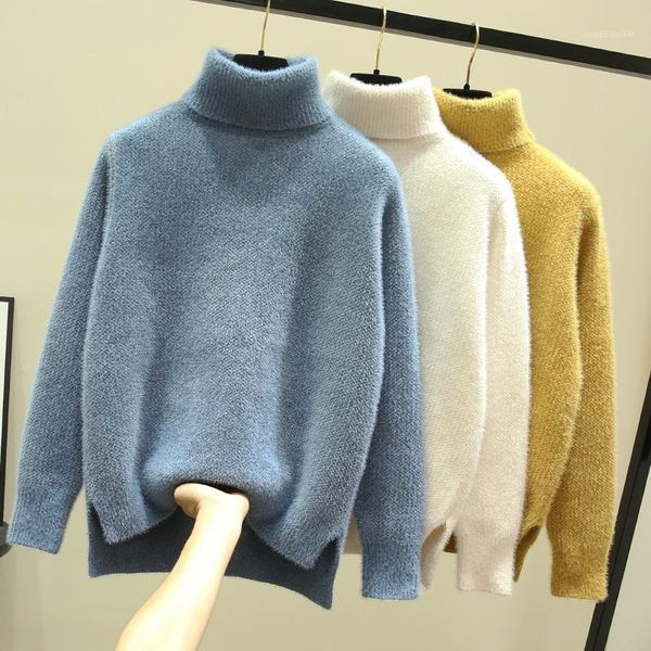 

2020 new autumn winter faux mink velvet turtleneck sweater women warm loose long-sleeved short pullover solid casual female 1, White;black
