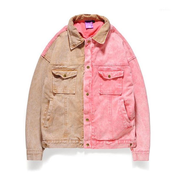 

2019 spring pink brown loose jacket retro harajuku denim jacket patchwork stitching color block for women1, Black;brown
