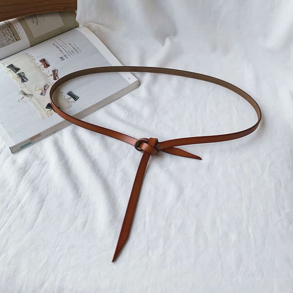 

spring summer perforated strap thin women's skirt dress simple and versatile lace up pure cow leather small belt, Black;brown