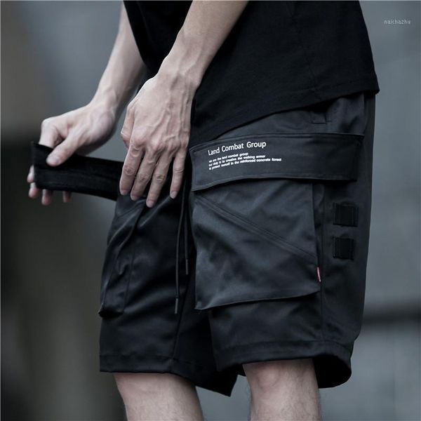 

multi-pocket tactical shorts men's elastic waist baggy cango short pants functional knee-length pants casual half men1, White;black