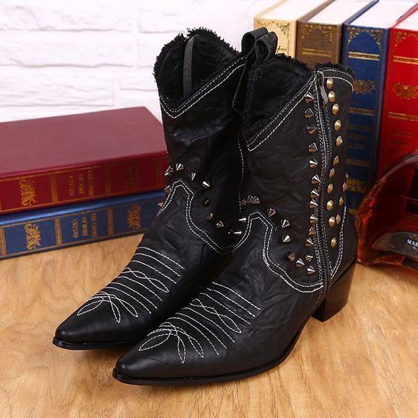 

christia bella big size winter fashion men cowboy long shoots genuine leather rivet man motorcycle boots men zip heighten shoes, Black