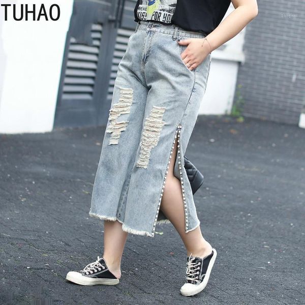 

2020 summer hole ripped jeans plus size 7xl 6xl 5xl women's pants high waist streetwear split beading jeans casual lz081, Blue