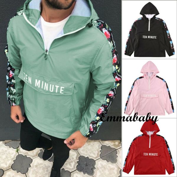 

men casual hoodies half zip hood pullover lightweight windbreaker front pocket jacket hip hop fashion wear, Black