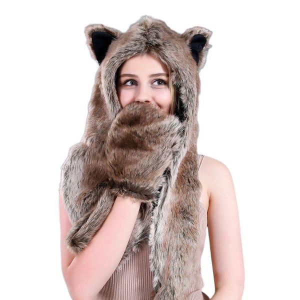 

3 in 1 women men fluffy plush animal wolf leopard hood scarf hat with paws mittens gloves thicken winter warm earflap bomber cap, Blue;gray