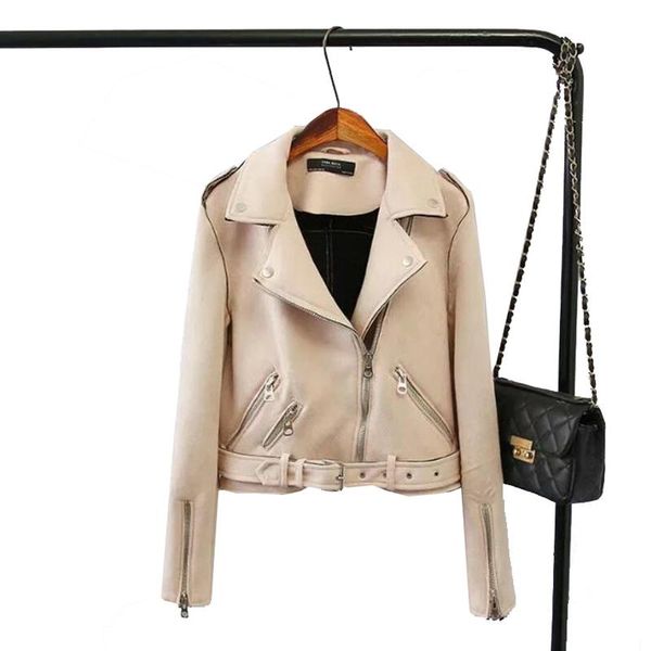 

2021 coat jacket women bomber jacket leather suede coat short slim zippers jackets female sashes faux leather moto biker, Black