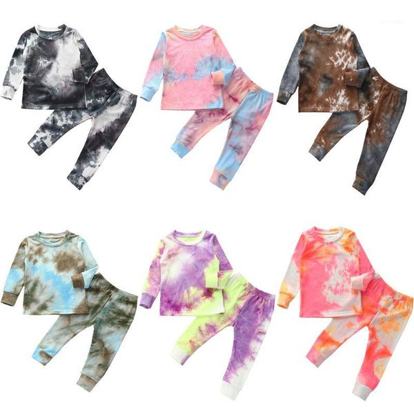 

autumn toddler baby boys ribbed knitted tie dye pajamas sets long sleeve t-shirt+pants trousers girls clothing sleepwear pyjamas1, Blue;red
