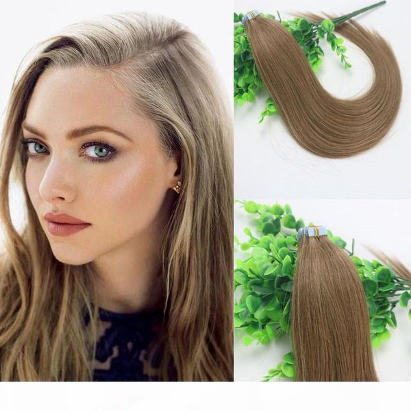 

100g tape in human hair extensions light brown #8 remy tape hair extensions skin weft pu 14 16 18 20 22 24 inch, Black