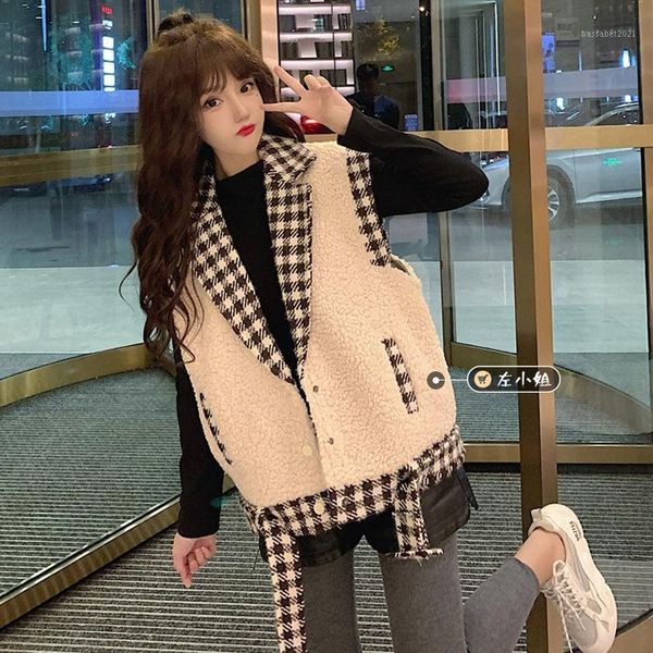 

women's vests winter 2021 korean loose houndstooth stitching white imitation lamb wool vest jacket female student1, Black;white
