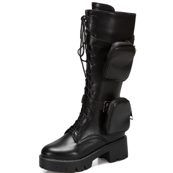 

female motocycle punk mid calf boots lace up square heel punk boots women casual daily fashion shoes woman, Black