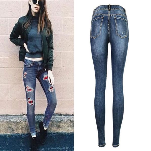 

women's jeans women vintage ripped hole female stretchy denim skinny pencil pants casual trousers capris, Blue