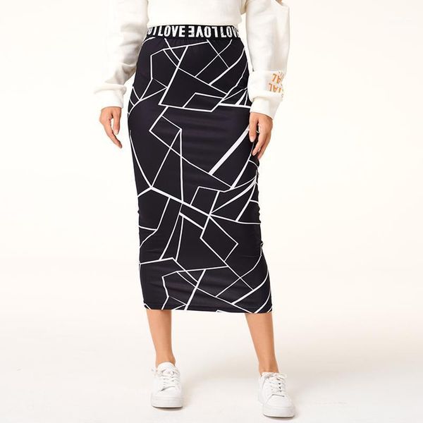 

bodycon skirt women stretchable letter tape waist geo skirt mid calf slim pencil skirts for women female knit1, Black