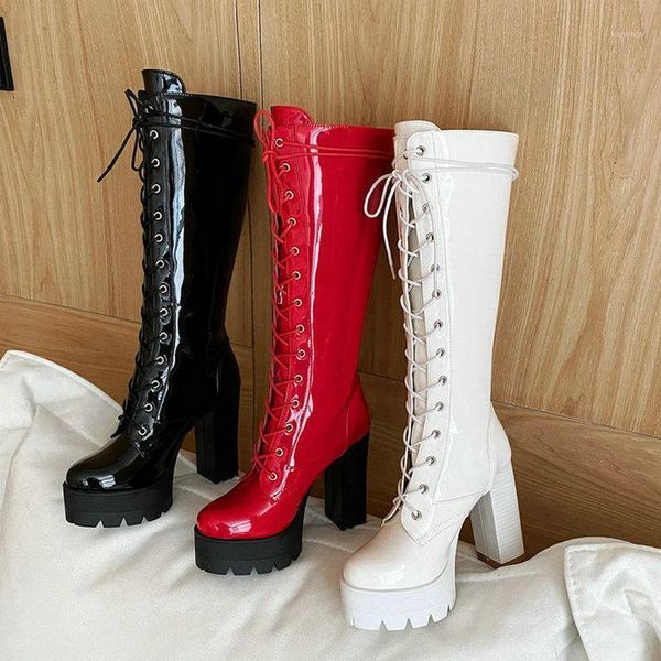 

boots patent pu leather women knee high platform square heel ladies ridding black red white winter shoes1