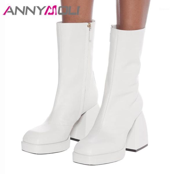 

boots annymoli woman square toe mid calf zipper extreme high heel platform block heels shoes ladies autumn white 431, Black