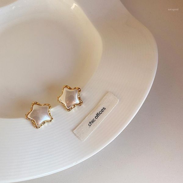 

stud tarcliy vintage geometric five-pointed star simulated pearl earring irregular texture metal simple women party jewelry1, Golden;silver