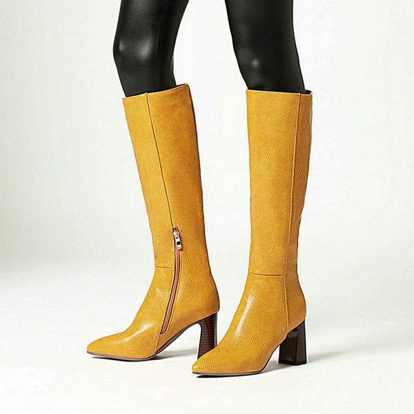 

yellow black blue white women knee high boots fashion square heel pointed toe ladies long boots side zipper big size 34-43