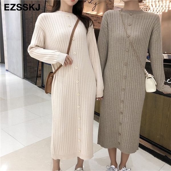 

button straight autumn winter women thick long sweater dress robe knitted sweaters maxi dress female slim dress 201028, Black;gray
