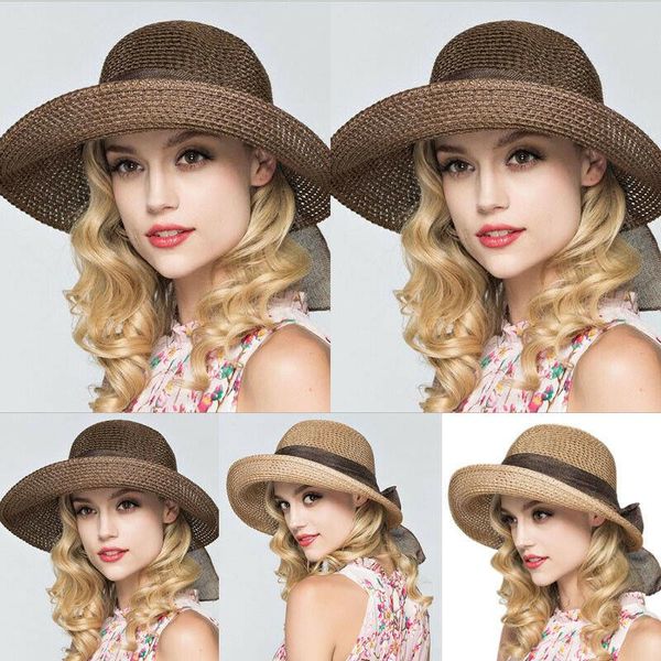 

new women ladies fashion casual elegant straw floppy wide brim sun hat bowknot summber beach fedora sunhat, Blue;gray