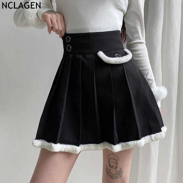 

nclagen women skirt 2021 spring shaggy patchwork japan style kawaii black pleated mini skirts girl preppy matching outfits ropa