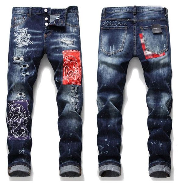 

jeans men slim fit ripped jeans badge hole destroyed skinny straight leg washed mens frayed motocycle denim pants hip hop stretch biker men&, Blue