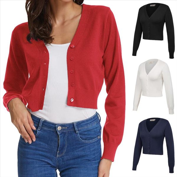 

elegant lady clothes long sleeve v neck cropped coat women cotton button knitwear knitting coat cardigan jacket, Black;brown