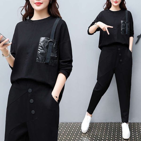 

autumn 2020 new foreign style fat mm show thin long sleeve sweater pants heart big size women's two piece suit fashion, Black